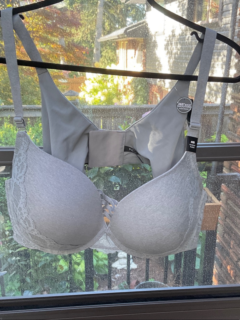 Gray Lace-Trim Padded Bra with Crisscross Detail